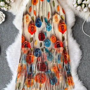 Women's Summer Skirt French Temperament Romantic Rose Print New Design Tassel Slim Fit Slimming Pleated Long Faldas SK053