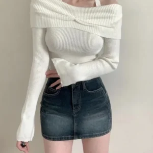 Korean Autumn Hanging Neck One Neck Off Shoulder Long Sleeved Sweater Women's Simple Versatile Base Short Knit Sweater Top S100