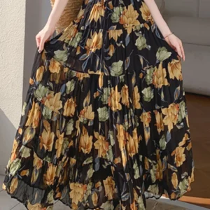 Summer Pleated Printed Large Swing Skirt for Women New French Retro Patchwork High Waisted Vacation Beach Long Skirt S13