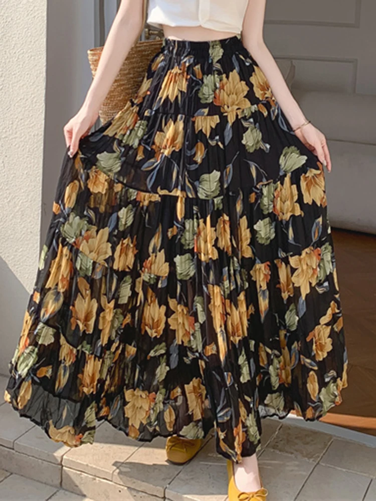 Summer Pleated Printed Large Swing Skirt for Women New French Retro Patchwork High Waisted Vacation Beach Long Skirt S13