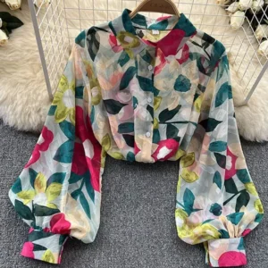 Spring Autumn Women Retro Printed Shirt Women's Loose Lantern Sleeve Blouse Oil Painting Sense Shirt Tops Female D0632
