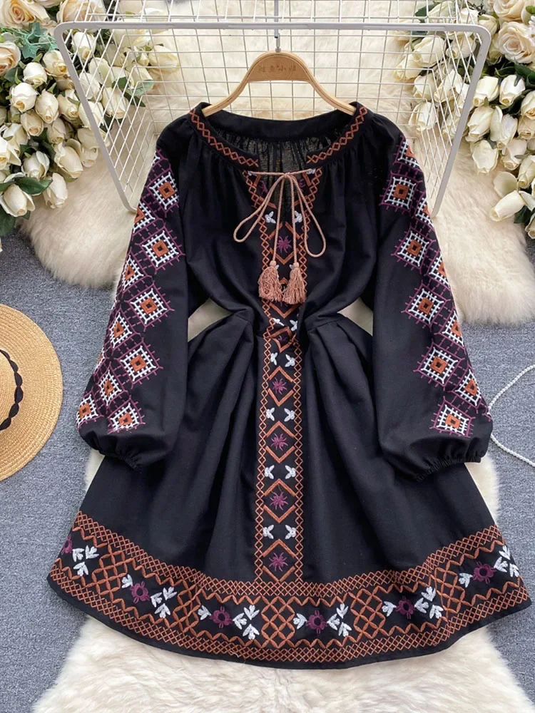 Women's Spring Dress Bohemian Retro Ethnic Style Diamond Cotton Linen Blend Embroidered Lantern Sleeves Mini Dress DS003 - Image 4