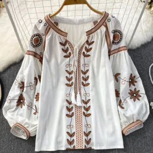 Women Spring Blouse Vintage Ethnic Style Long Sleeve Round Neck Loose Embroidered Cotton Hemp Pullover Shirt Casual Top D3551