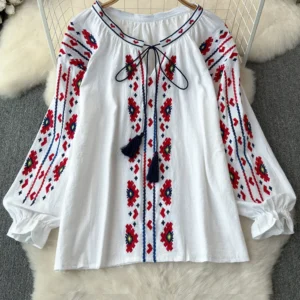 Women Autumn Blouse Temperament Flower Embroidery Long Sleeve V-Neck Pullover Shirt Loose Age Reducing Bubble Sleeve Top A115