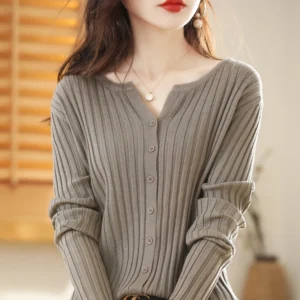 2025 Autumn Winter New Solid Cardigan Women's O-Neck Sweater Knitted Bottoming Shirt Striped Korean Fashion Undershirt Knitwear