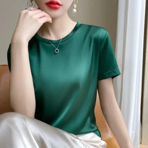 2025 Spring Summer T-shirt Women Solid Short Sleeve Fashion Korean Tops O-neck Casual Office Lady Tshirt Femme Green White Shirt