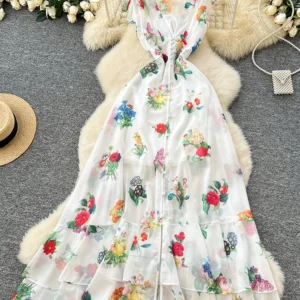 Summer Women's Beach Vacation Printed Long Dress with Elegant Waist Cinched V-neck Ruffled Chiffon Dress