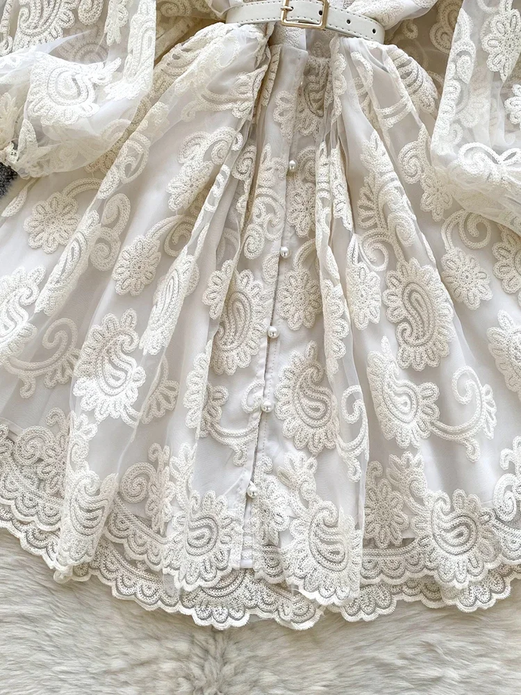 Summer French Sweet V-neck Dress Women's Lantern Sleeves Embroidered Waist Single Breasted A-line Mini Elegant Party Dress C187 - Image 6