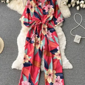 Women European and American V-neck Short-sleeved Lace-up Waist Slim Straight-leg Loose Printed Long Wide-leg Jumpsuit D0669