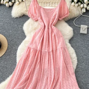 Summer Women's Hollowed Out Embroidered Square Neck Short Sleeved Dress New Fashionable Elegant Simple Vacation Long Dress A518