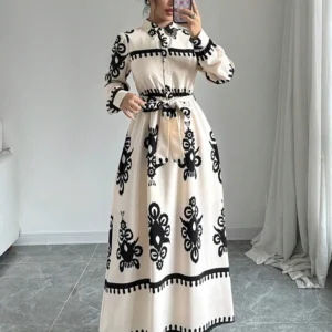 Women's Sping Autumn Dress European Leisure Time Printed Commuter Shirt Button Collar Mesh Elastic Waisted Long Vestidos DS025