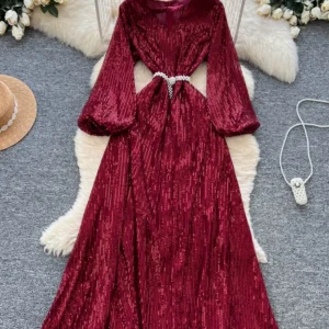 Women Sequin Dresses French Party Wear V-neck Lantern Sleeves Beading Bandage Slimming Temperament Female Vestidos DS222