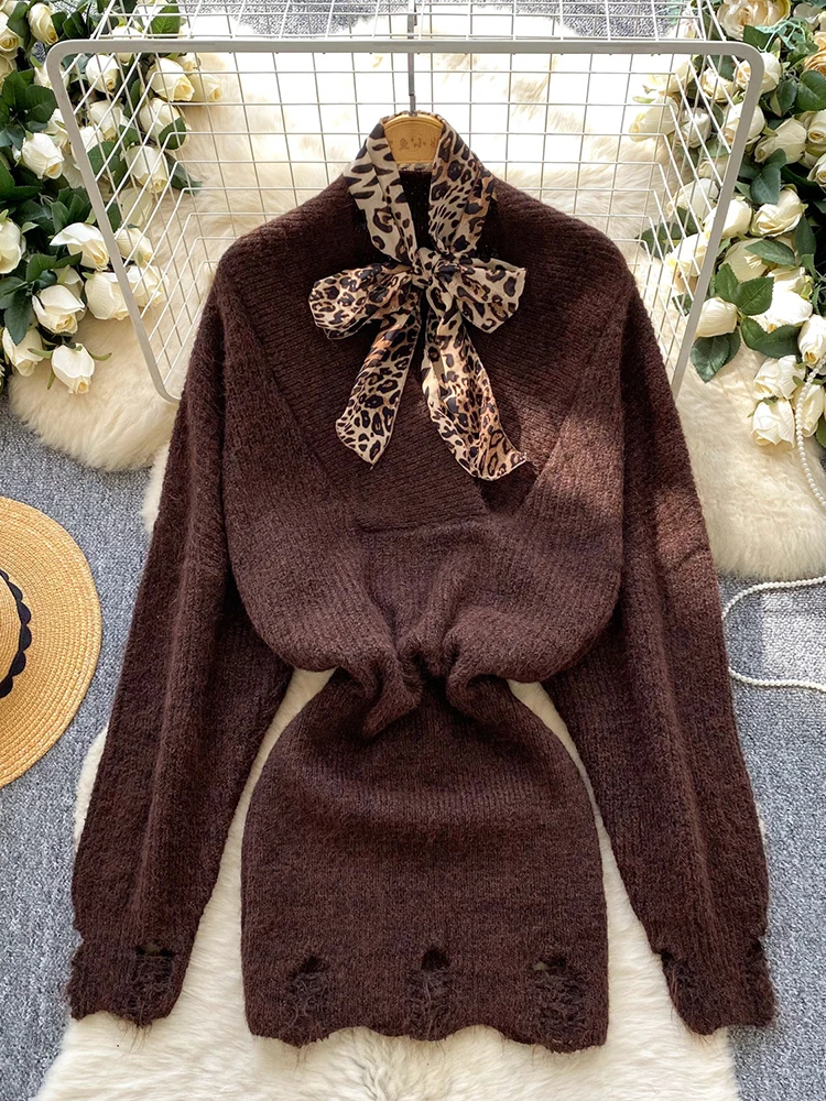 Women Knitted Dress Autumn Winter O-neck Long-sleeved Leopard Bow Scarf Elastic Simple Sexy Mini Female Vestidos DS215