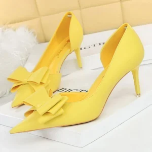 BIGTREE Shoes Pu Leather Kitten Heels Bowknot Stiletto Heels 7.5 Cm Women Pumps Fashion High-heeled Shoes Sexy Wedding Shoes