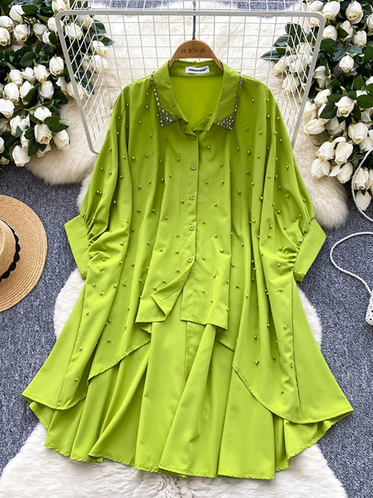 Summer Irregular Short Sleeved Shirt Women's Diamond Studded Nail Bead Single Breasted Bat Sleeve Loose Medium To Long Top C318