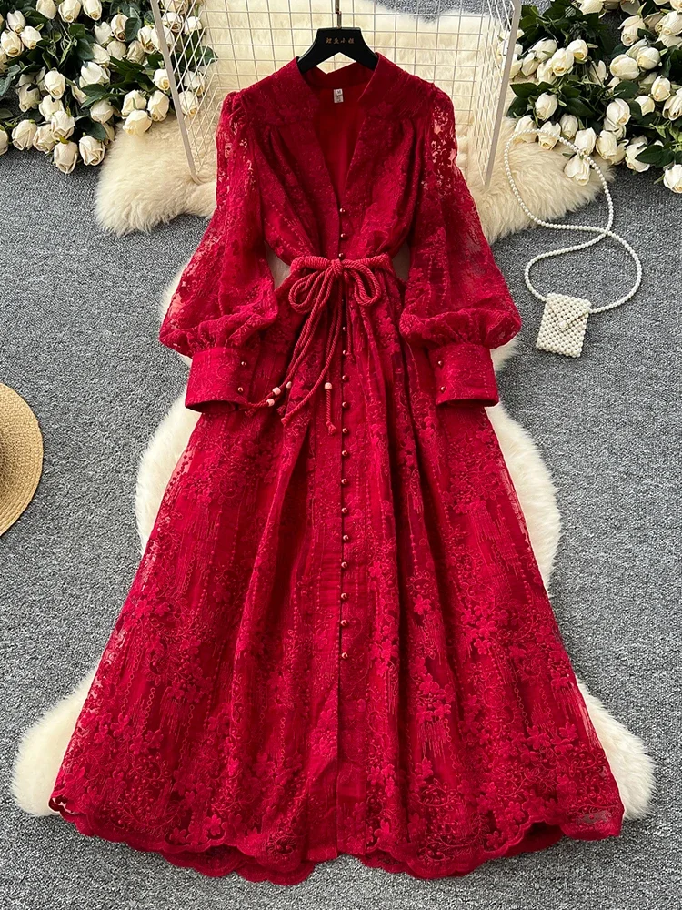 Spring Autumn French High-end Women's Dress New Lace Embroidery V-neck Lantern Sleeves Single Breasted Party Birthday Dress C192 - Image 6