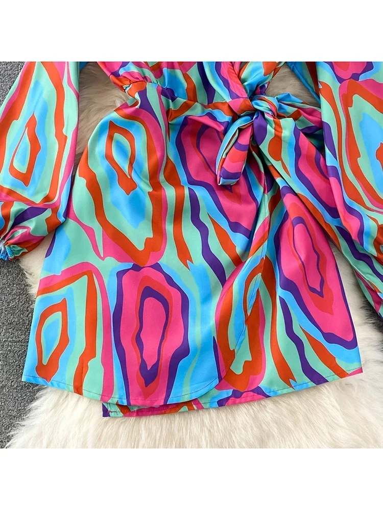 Women Autumn Dress Temperament Self-cultivation Sexy V-neck Bubble Long-sleeved Waistband Thin Bow Tie A-line Dress D2836 - Image 3