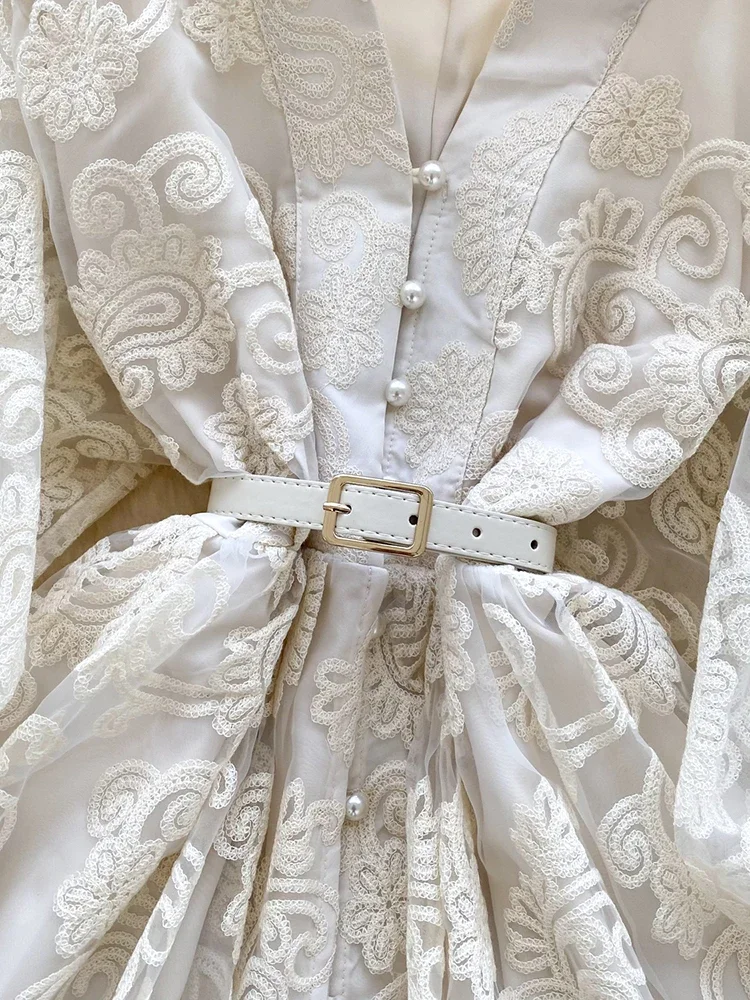 Summer French Sweet V-neck Dress Women's Lantern Sleeves Embroidered Waist Single Breasted A-line Mini Elegant Party Dress C187 - Image 4