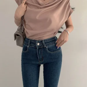 New 2024 French Short Sleeved V-neck Chiffon Shirt for Women's Summer Satin Top Short Sleeved Black T-shirt Top A98