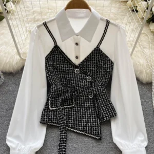 Women Spring Autumn Shirts Houndstooth Stitching Long-sleeved Irregular Plaid Lace Beautiful Small Waist Top Patchwork D1863