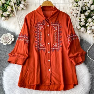 Women's Spring Shirt Ethnic Style Retro Artistic Embroidery Lapel Lantern Sleeve Top Design, Loose Single Breasted Shirt BL166