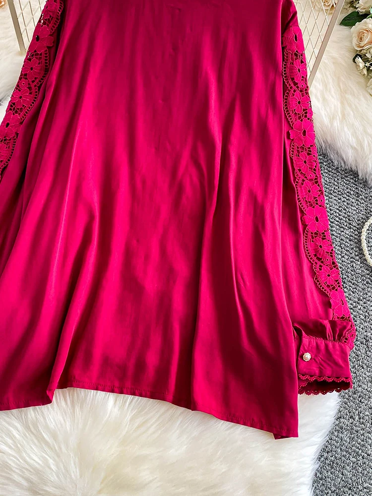 Women's Autumn Shirt Court Style Retro Lace Patchwork Stand Collar Lantern Sleeve Shirt Gentle Blue Top Female BL225 - Image 6