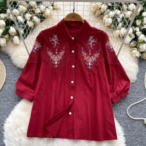 Women's Summer Shirt Korean Version Artistic Retro Embroidered Lantern Sleeve Shirt Versatile Fashionable Loose Top BL201