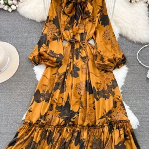 Spring Autumn New Women's Long Sleeved Dress Temperament Loose Large Size Lace Up printed long Dress Female UK016