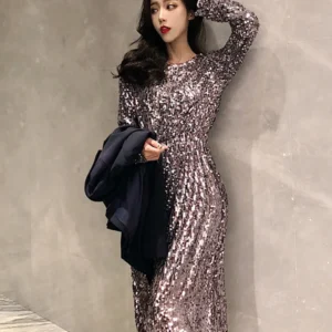 Women's Spring Dress Korean Version 2024 New Temperament Long Sleeve Bottom Glitter Office Lady High Waist Vestidos DS043