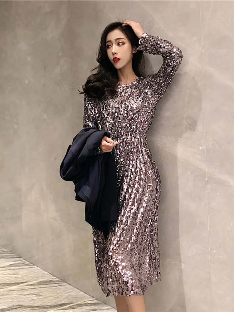 Women's Spring Dress Korean Version 2024 New Temperament Long Sleeve Bottom Glitter Office Lady High Waist Vestidos DS043
