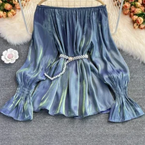 Early Autumn Lazy Wind Blouse Female One-word Collar Flared Sleeves Blouse Korean Pleated Shirt with Pearl Belt Tops GD610