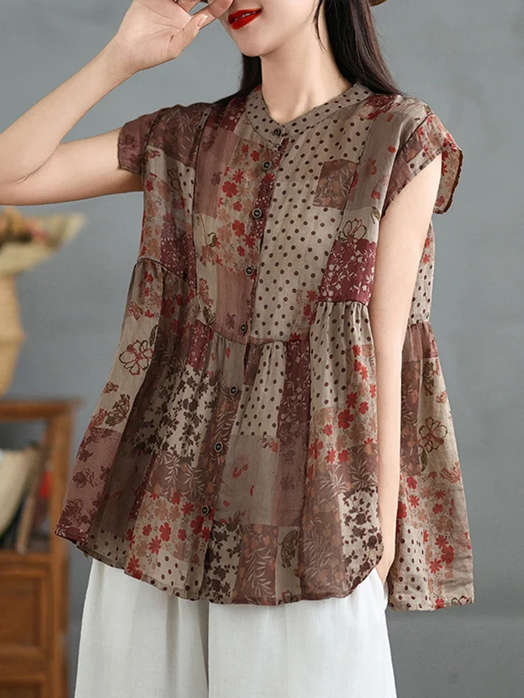 2025 Summer New Sleeveless Shirt for Women's Literature Retro Unique Casual Ramie Printed Splicing Sleeveless Lace Thin Top C66