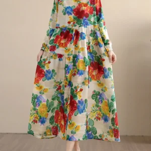 Retro Art Printed Dress Women's Spring Autumn Long Sleeve Linen Cotton Lightweight Breathable Long Large Swing Loose Dress S108