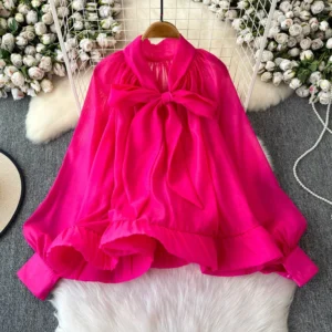 Women's Autumn Blouse Korean Style Lantern Long Sleeved V-neck Loose Lotus Leaf Chiffon Shirt Casual Top Blusa BL053