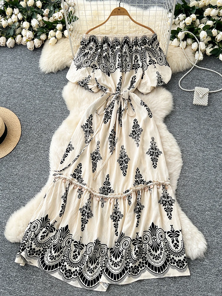 2025 Summer Women's Bohemian Holiday Dress with One Shoulder Bubbly Sleeves Waist Collection Tassel Printed Long Dress