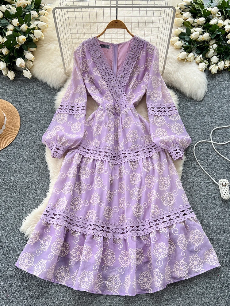 Women Spring Dress French Floral Lantern Sleeve Hollow Hook Flower High Waist Casual V-neck Design Temperament Vestidos DS094