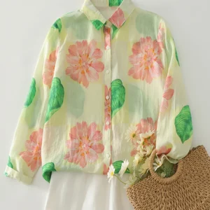 Cotton Linen Printed Long Sleeved Shirt for Women in Spring Autumn New Loose Casual Turn-Down-neck Plus Size Blouse Top S103