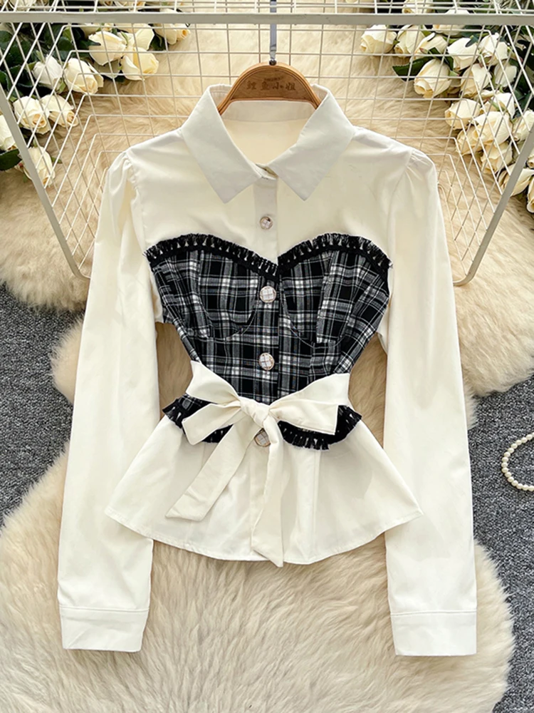 Spring Autumn Korean Women's Checkered Splicing Long Sleeve Shirt New Fashionable Sweet Elegant Office Lady Top C340